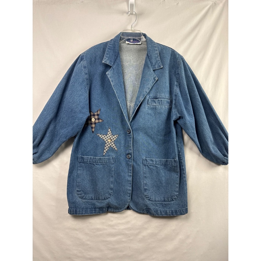 Vintage 80s Denim Chore Jacket Women XL Blue Patchwork Folk Art Star Blazer